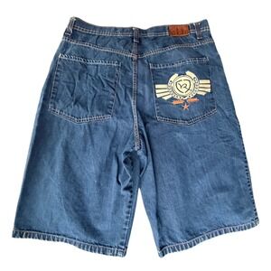 Rocawear Embroidered Baggy Denim Shorts Mens 36 Blue Y2K Hip Hop Streetwear